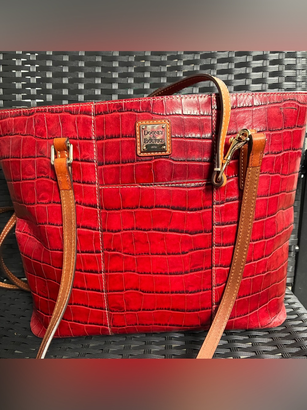 Dooney & Bourke Red Croc-Embossed Tote with Tan Straps